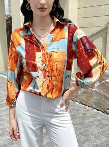 INAWLY Women's Autumn Full Print Dropped Shoulder Long Sleeve Loose Casual Fashion Shirt - Multicolor - View 5