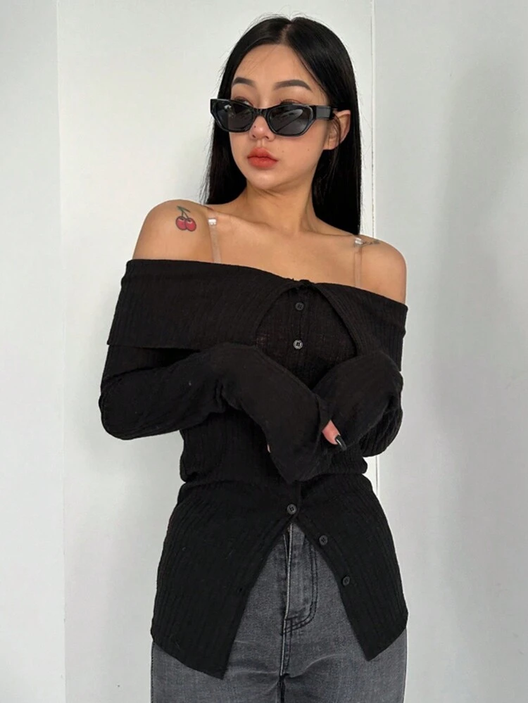 Women's Solid Off Shoulder Single-Breasted Casual T-Shirt, Autumn Long Sleeve Women Tops