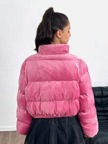 SHEIN Leap Crew Chaqueta de terciopelo retro informal/rosa/para adolescente, adecuada para vacaciones, fiesta, chaqueta acolchada, franela, pana, cremallera de cuarto - Rosa vieja - Ver 2