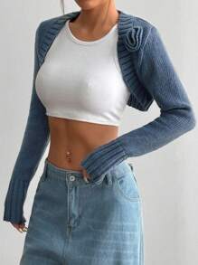 SHEIN Unity Áo len cardigan ngắn tay dài thường ngày họa tiết hoa cho nữ, mùa thu - Màu xanh bụi bặm - Xem 6