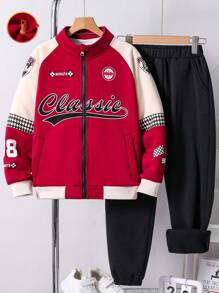 SHEIN 2pcs Tween Boy Streetwear Letter Print Color Blocking Fleece Jacket And Pants Set