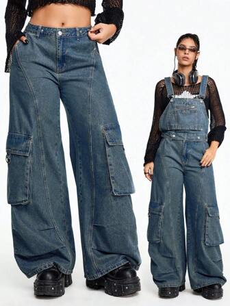 Grunge Punk Salopette en jean lavé casual pour femmes avec poches 3D, port amovible 2 voies