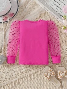 SHEIN Elladie kids 年轻女孩波尔卡圆点植绒提花网眼拼接泡泡袖长袖 T 恤，秋季 - 玫紅色 - 查看 2
