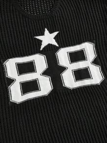 ROMWE Blusa de punto de manga corta con estampado de jacquard de estrellas y números, estilo deportivo - Negro - Ver 3