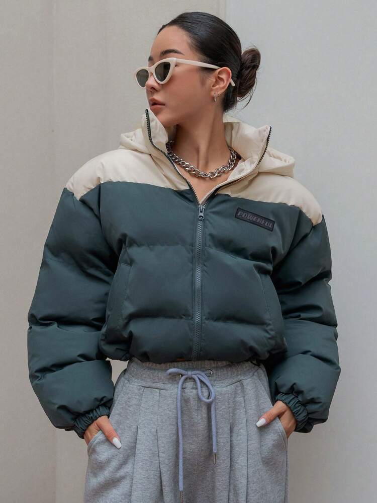 Two Tones Letter Patched Detail Drop Shoulder Hooded Padded Thick Pockets Coat, Women Winter Coat Jacket