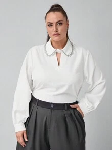 SHEIN Clasi Plus Size Rhinestone Decor Casual Shirt, Autumn - White - View 1