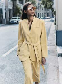 Maija Women Yellow Solid Color Blazer And Pants Suit Set - Mustard Yellow - View 2