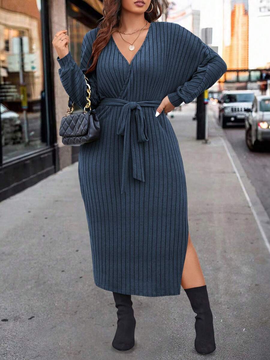 SHEIN Unity 大码秋季休闲罗纹针织侧开衩中长连衣裙长款女装 - 霧霾藍 - 查看 1