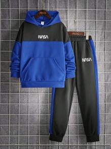 SHEIN 2pcs Tween Boy Casual Comfortable Hoodie Sweatshirt And Contrast Color Pants Set, Autumn/Winter - Blue - View 1