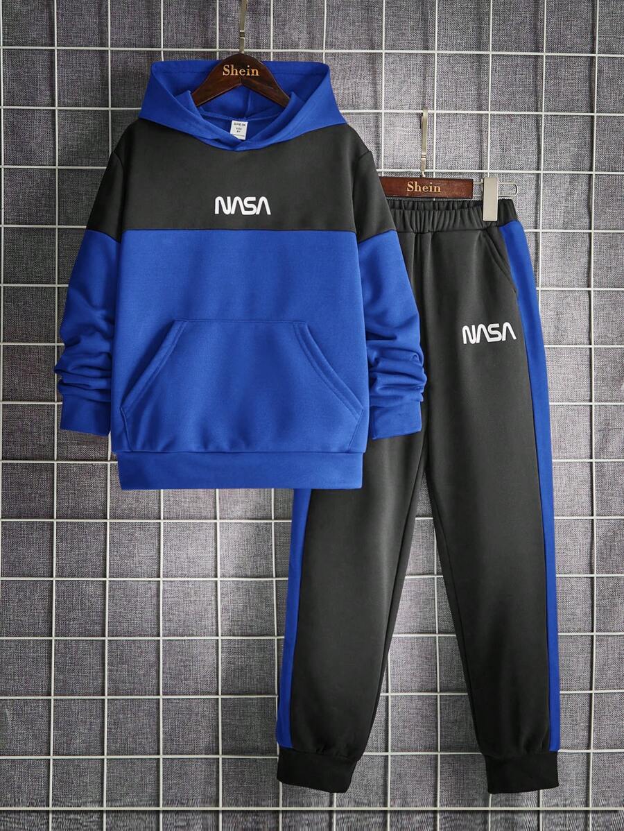 SHEIN 2pcs Tween Boy Casual Comfortable Hoodie Sweatshirt And Contrast Color Pants Set, Autumn/Winter - Blue - View 1