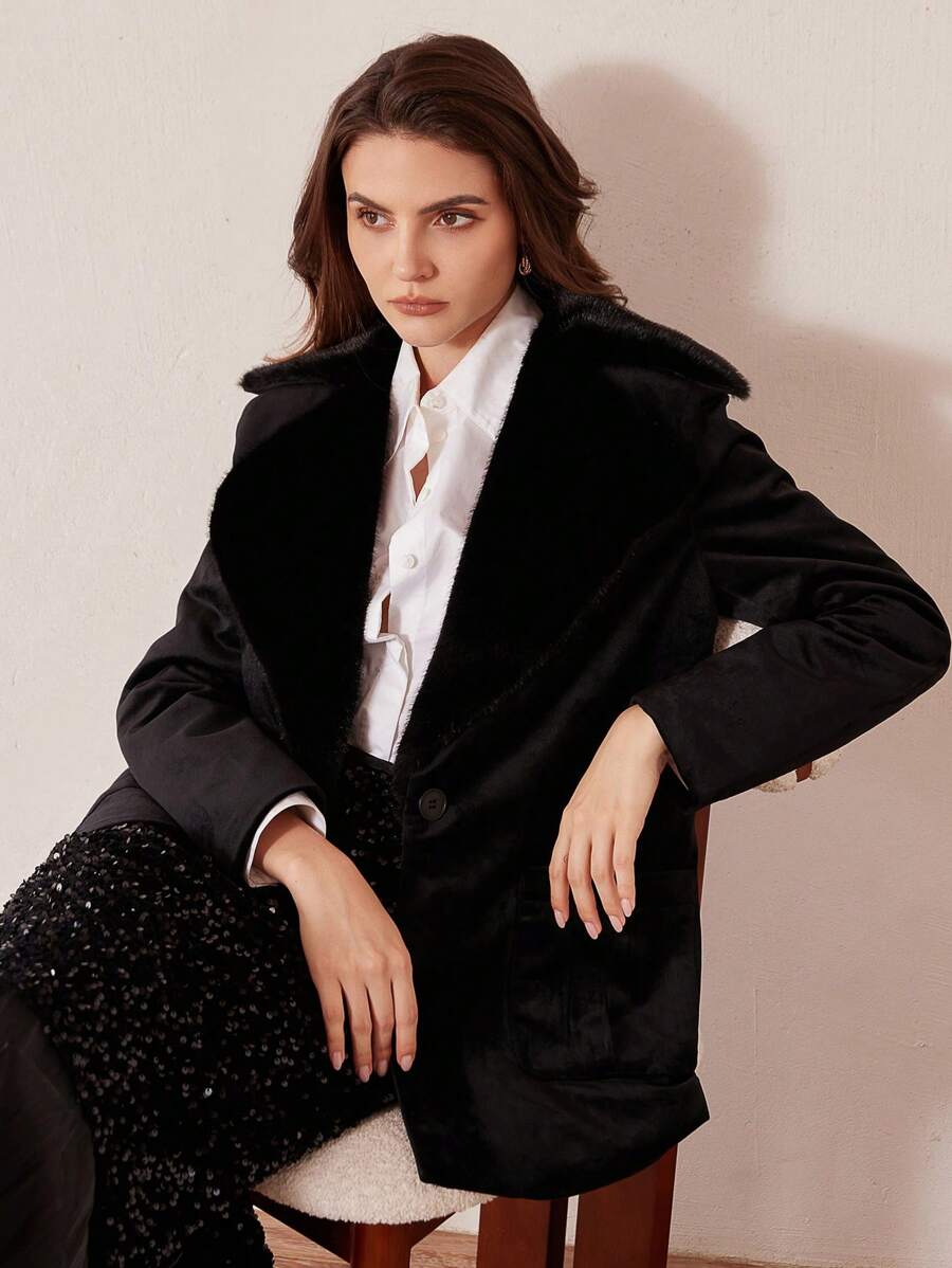 SHEIN Privé 天鹅绒翻领系腰修身休闲夹克 - 黑色 - 查看 1