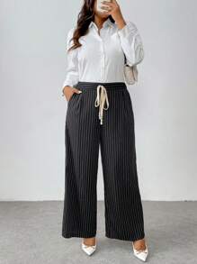 Calvaya Pantalones de traje a rayas con bolsillos anudados y talla grande