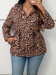 SHEIN LUNE Chaqueta con capucha con estampado de leopardo, de manga larga, con cordón a la cintura y bolsillos, para mujer de talla grande, para otoño e invierno