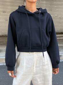 DAZY 女士纯色连帽短款休闲口袋长袖运动衫，秋季服装 - 藏蓝色 - 查看 3