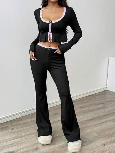 SHEIN Unity 2 件秋季休闲撞色蕾丝边长袖上衣和裤子套装