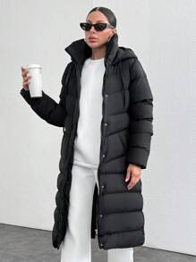 SHEIN Cottnline Manteau matelassé long avec capuche pour femmes, avec fermeture à glissière et poches détaillées - Noir - Voir 1
