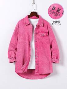 Oversized Vintage Y2K Streetwear Style Distressed Long Denim Jacket With V-Neck Collar For Tween Girl, Fuchsia - Hot Pink - View 1