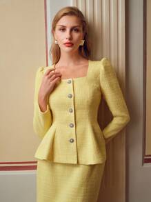 ZEYLAH TWEED SOLID SQUARE NECK RUFFLE HEM JACKET - Yellow - View 4