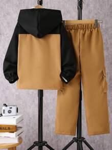 Conjunto informal de 2 piezas con chaqueta con capucha forrada térmica y estampado de letras en contraste y pantalones para niño preadolescente, para otoño/invierno
