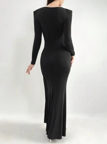 Modelyn 女士优雅纯色扭腰鱼尾连衣裙，秋季长款晚礼服 - 黑色 - 查看 4