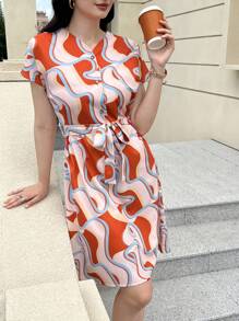 INAWLY 优雅连衣裙，性感连衣裙，女士连衣裙，女士休闲优雅连衣裙和数码全网印花组合V领纽扣短袖连衣裙，柔软编织，夏季，秋季 - 彩色 - 查看 4