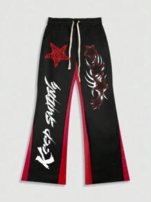 ROMWE MEN Street Life 2pcs Men Street Graphic Print Sweatshirt And Sweatpants Set, Suitable For Spring And Summer - Black - View 7