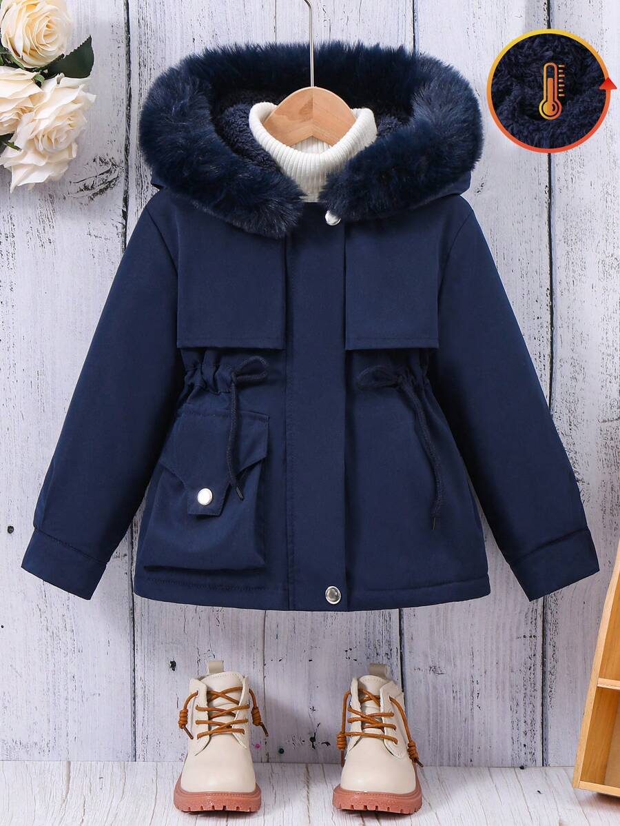 SHEIN Parka mi-longue décontractée pour jeune fille, capuchon, doublure thermique, taille corsetée, coupe-vent, automne et hiver - Bleu marine - Voir 1
