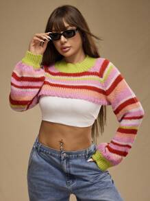 Forever 21 Damen Große Größen bunte gestreifte kurze Rundhals Pullover - Verschiedenfarbig - Übersicht 1