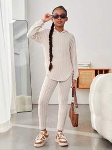 Hanevo 2件套少女罗纹连帽不对称下摆T恤配修身打底裤套装 - 杏色 - 查看 4