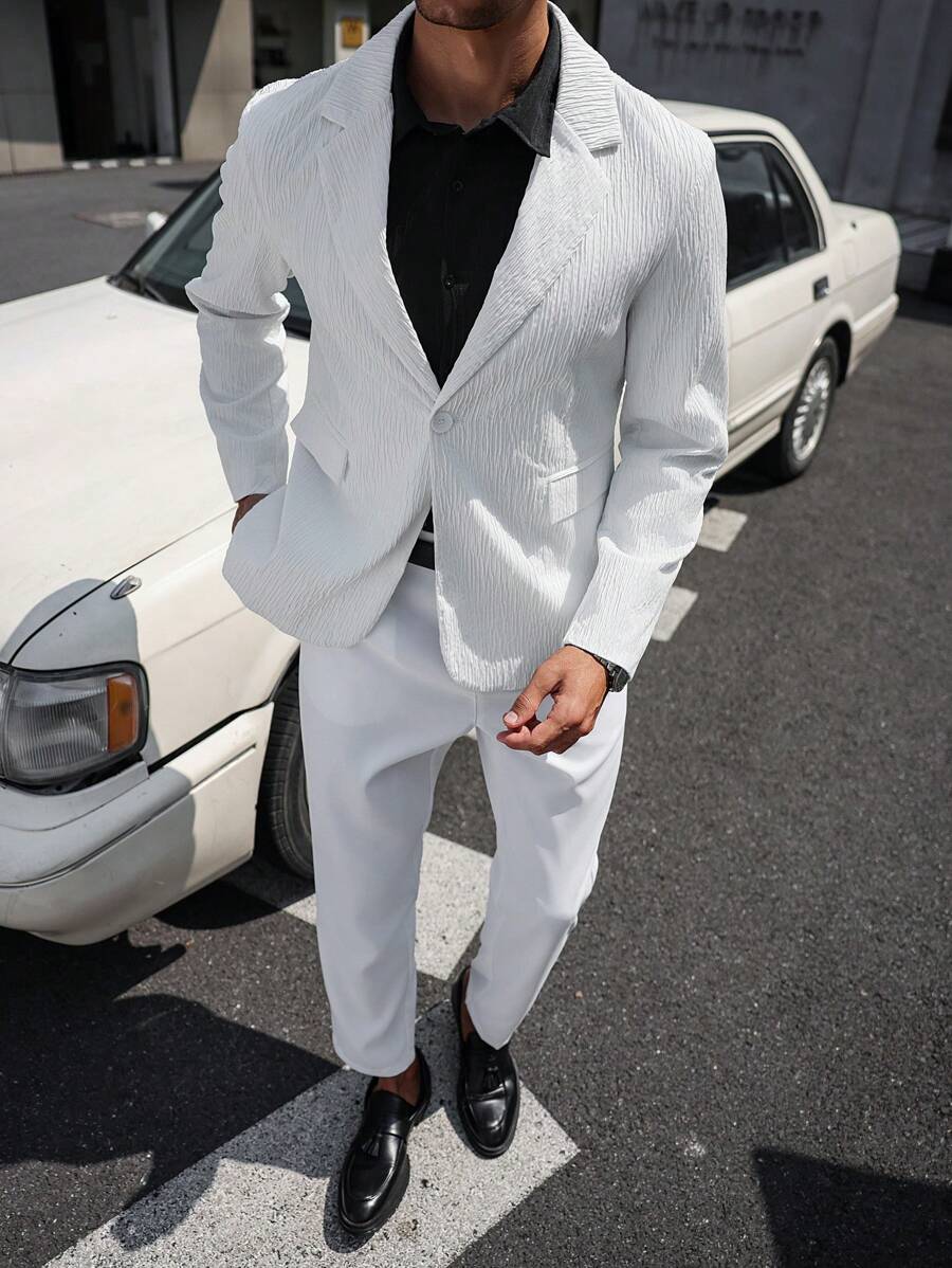 Manfinity Mode Ensemble costume formel d'affaires pour hommes avec col cranté texturé (veste de blazer et pantalon) - Blanc - Voir 1