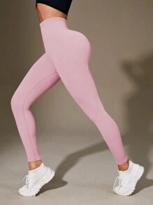 SHEIN Sports 纯色紧身瑜伽紧身裤 - 粉色 - 查看 4