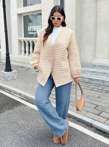 SHEIN Frenchy Abrigo acolchado holgado en tono beige de talla grande, con cierre ajustable con cordón, forro térmico, para invierno - Albaricoque - Ver 1