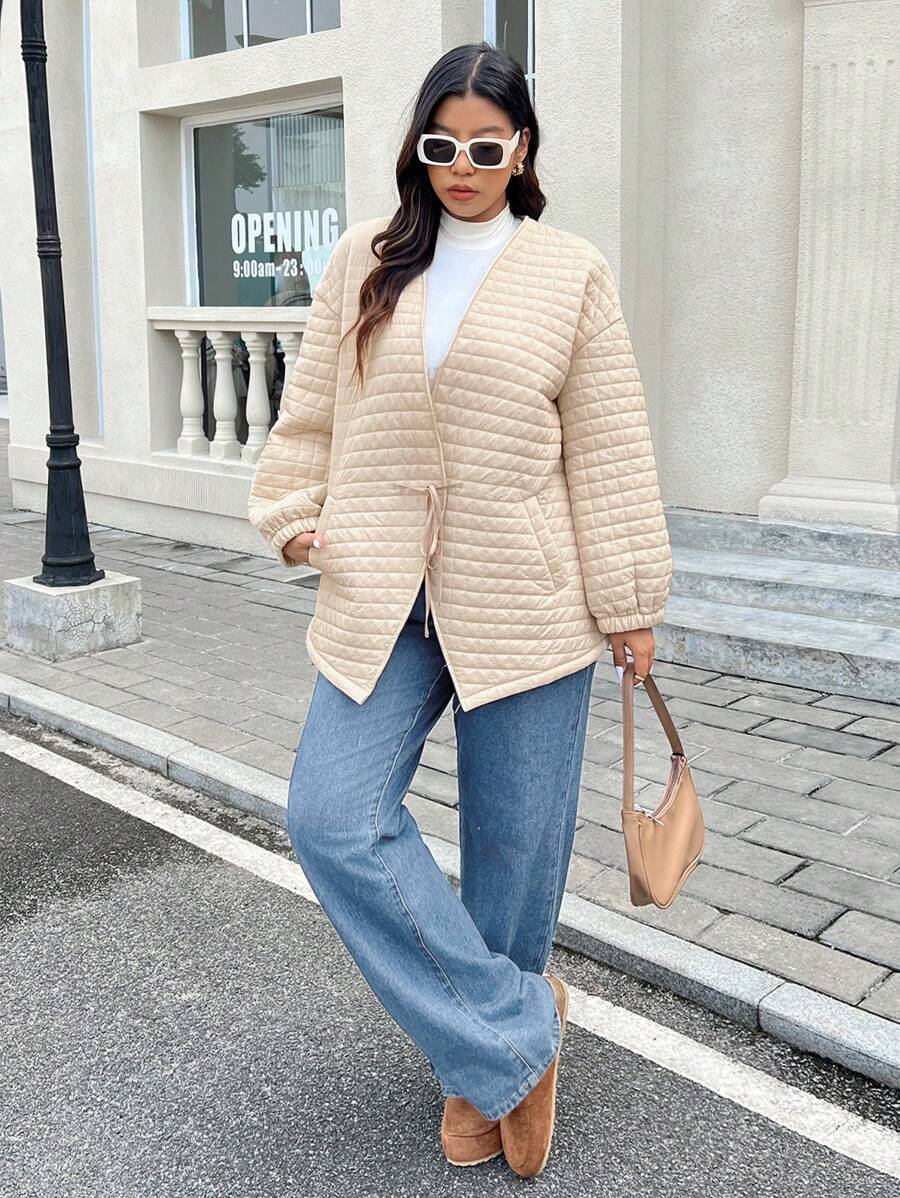 SHEIN Frenchy 大码休闲宽松米色夹棉外套，可调节抽绳开合，保暖内衬，冬季 - 杏色 - 查看 1