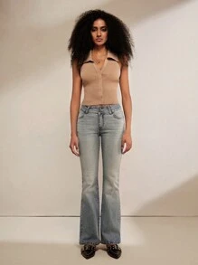 Forever 21 女式前扣多口袋简约喇叭牛仔裤，休闲日常穿着 - 藍色 - 查看 3