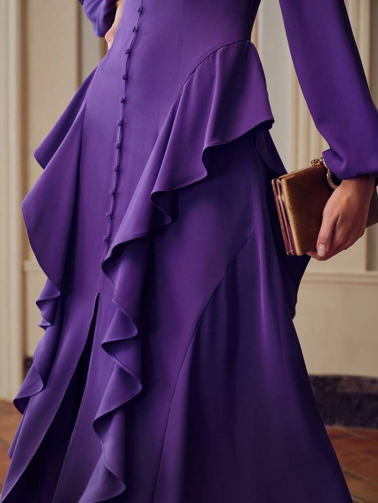 ZEYLAH SOLID V-NECK LANTERN SLEEVE RUFFLE TRIM SPLIT HEM LONG DRESS