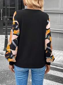 SHEIN LUNE 女式黑色圆领长袖拼布休闲运动衫上衣，秋季 - 黑色 - 查看 2