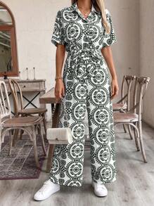 SHEIN LUNE Bộ đồ liền thân Palazzo rộng rãi cho nữ có họa tiết hoa toàn thân và thắt eo - màu xanh lá - Xem 3