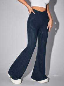 Muchica 黑色 V 形腰带高腰喇叭裤 - 寶藍色 - 查看 1