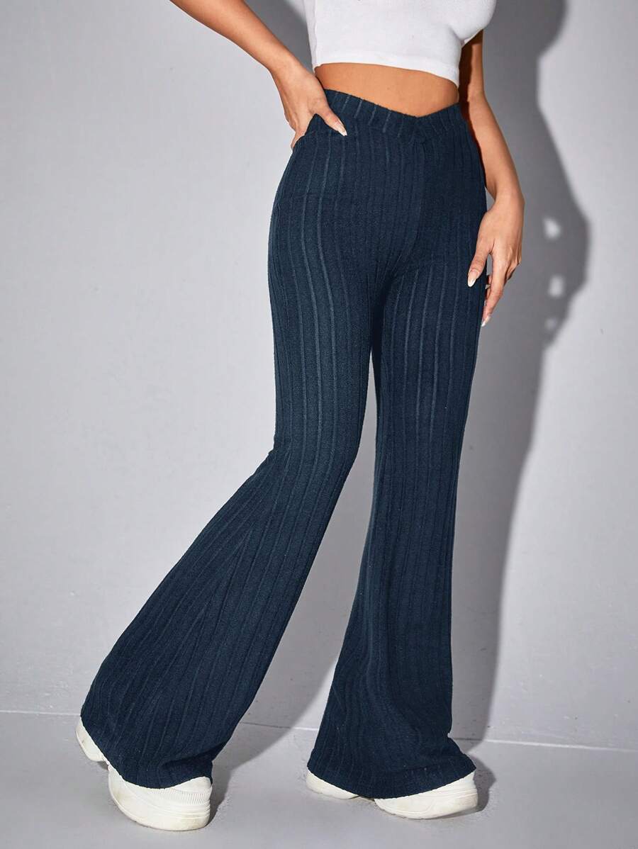 Muchica 黑色 V 形腰带高腰喇叭裤 - 寶藍色 - 查看 1