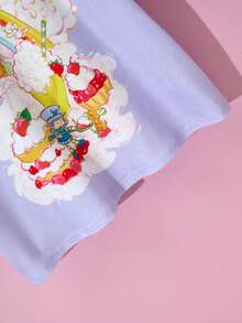 Strawberry Shortcake X SHEIN Tween Girl 卡通人物 & 草莓甜心印花紫色休闲可爱短袖 T 恤 - 紫色 - 查看 4