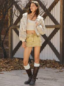 Easelle Zip Up Hooded Fuzzy Coat - Apricot - View 3