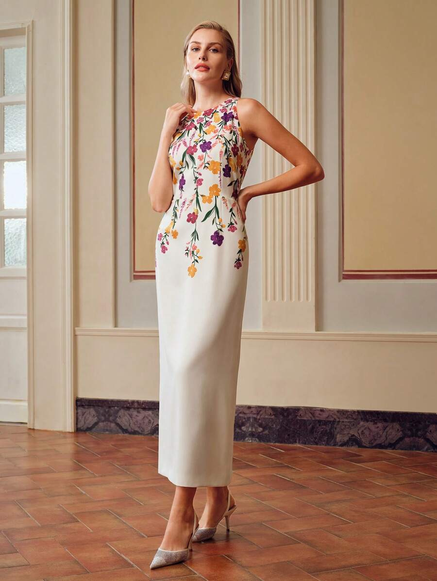 ZEYLAH FLORAL PRINT SPLIT BACK SLEEVELESS LONG DRESS WITHOUT BELT