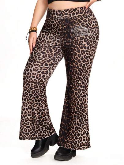 Hippie Y2K Leopard Print Vintage Velvet Skull Rhinestone Embellished Flare Leg Pants, Plus Size