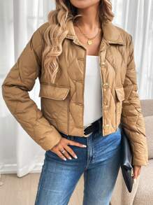 SHEIN LUNE 轻便保暖冬季短款棕色绗缝羽绒服，女款，带口袋