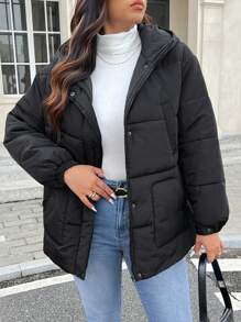 SHEIN Frenchy 1 chiếc áo khoác đệm màu đen cỡ lớn có mũ trùm đầu có thể tháo rời, cổ cao, 4 túi và thắt lưng kim loại, ấm áp và chống gió cho mùa đông - màu đen - Xem 3