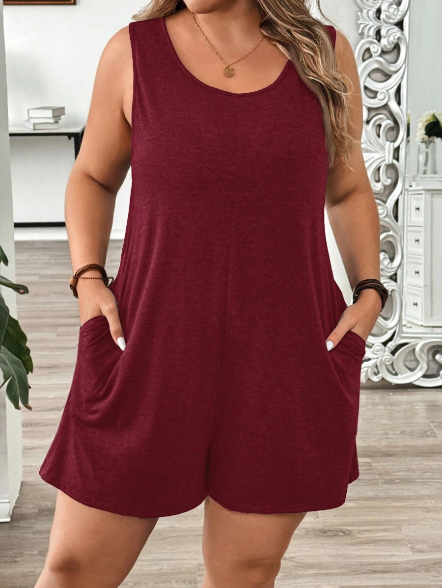 EMERY ROSE 大码纯色无袖连体衣 - 紅色 - 查看 1