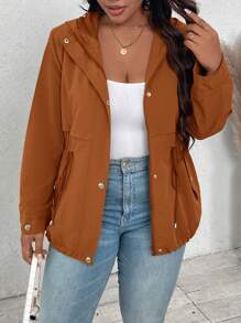 SHEIN LUNE 大码抽绳腰带连帽外套，带口袋，休闲日常穿着，感恩节假日必备 - 棕色 - 查看 1