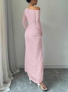 SHEIN PETITE Elegant Romantic Draped Drawstring Asymmetric Neck Long Sleeve Dress For Women Maxi Women Outfit