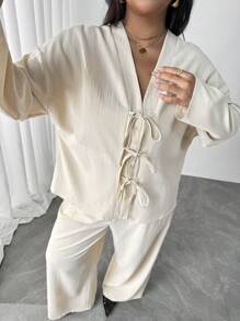 Firerie Bộ 2 món đồ thời trang công sở thanh lịch cỡ lớn sang trọng tinh tế cao cấp tiệc trà chiều gợi cảm hẹn hò hòa nhạc tiệc dành cho phụ nữ đơn giản giản dị kỳ nghỉ thời trang áo sơ mi rộng buộc nơ phía trước và quần ống rộng cạp cao co giãn - Màu be - Xem 1