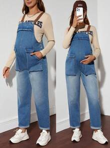 SHEIN 孕妇宽松牛仔工装裤和休闲阔腿七分裤 - 彩色 - 查看 1